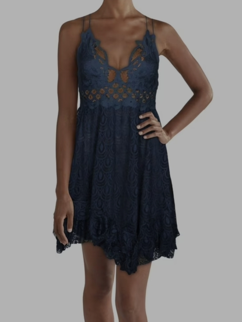 Navy Lace Mini Dress with Crochet Hem